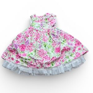 Polly Flinders White, Pink, purple, Green Floral Dress With Layered Tull